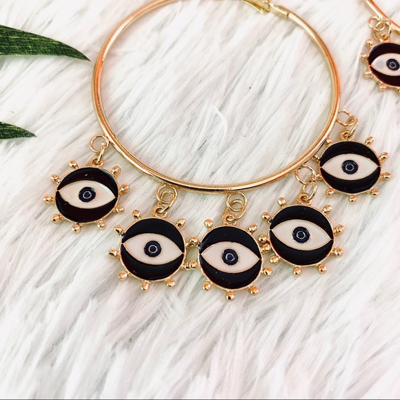 NEW Evil Eye Charm Gold Hoop Dangle Earrings - Picture 2 of 6